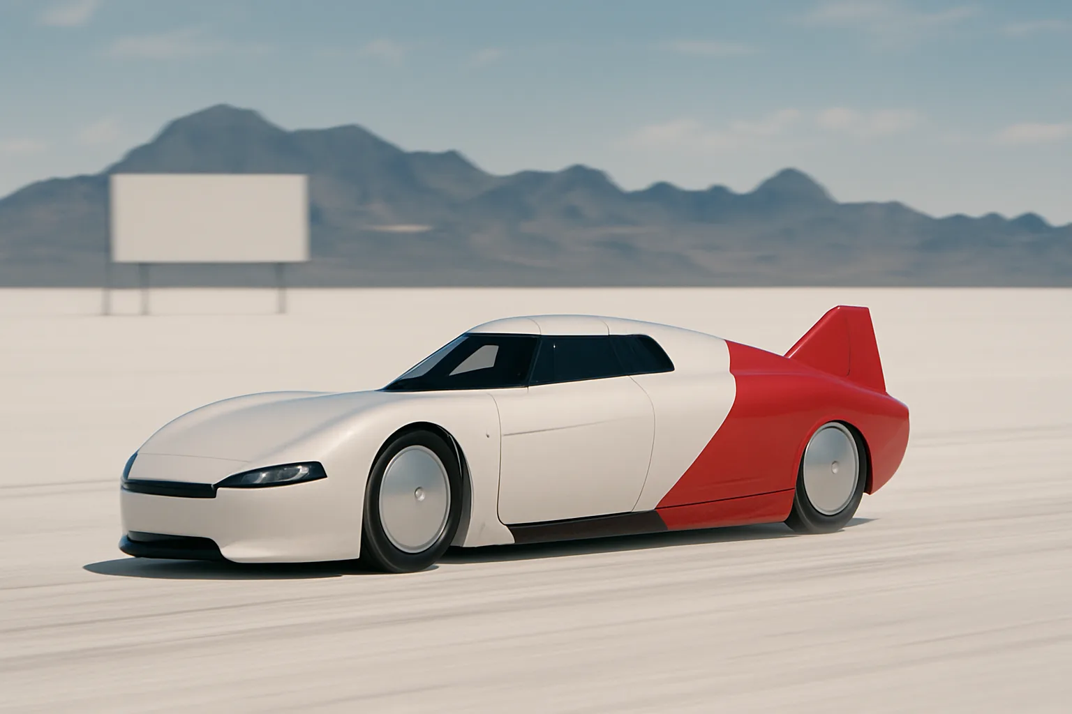 Streamlined, futuristic car with smooth silver and red body driving fast across a white salt flat with mountains in the distance
