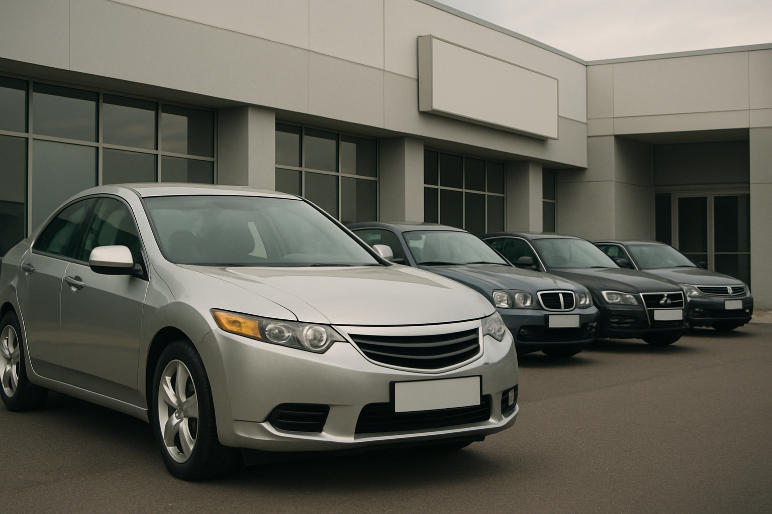 Four generic sedans in metallic shades of silver, grey and black are parked in a line outside a modern dealership building
