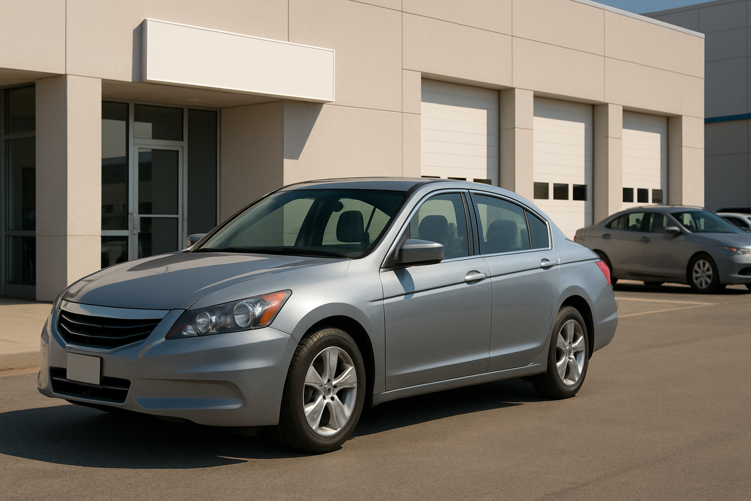 A silver sedan parked in front of a modern beige building with large windows and garage doors on a sunny day