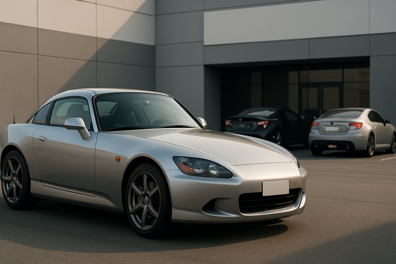 A sleek silver sports coupe parked in the sunlight with two other coupes in muted colors near a modern building