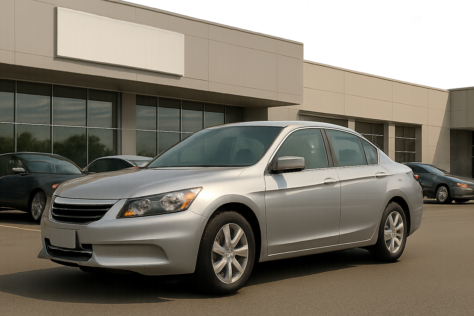 A silver sedan with tinted windows parked in front of a modern building with large glass and metal panels