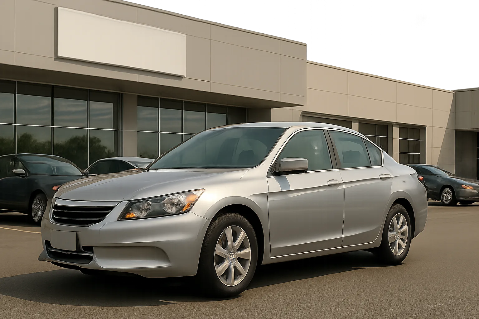 A silver sedan with tinted windows parked in front of a modern building with large glass and metal panels