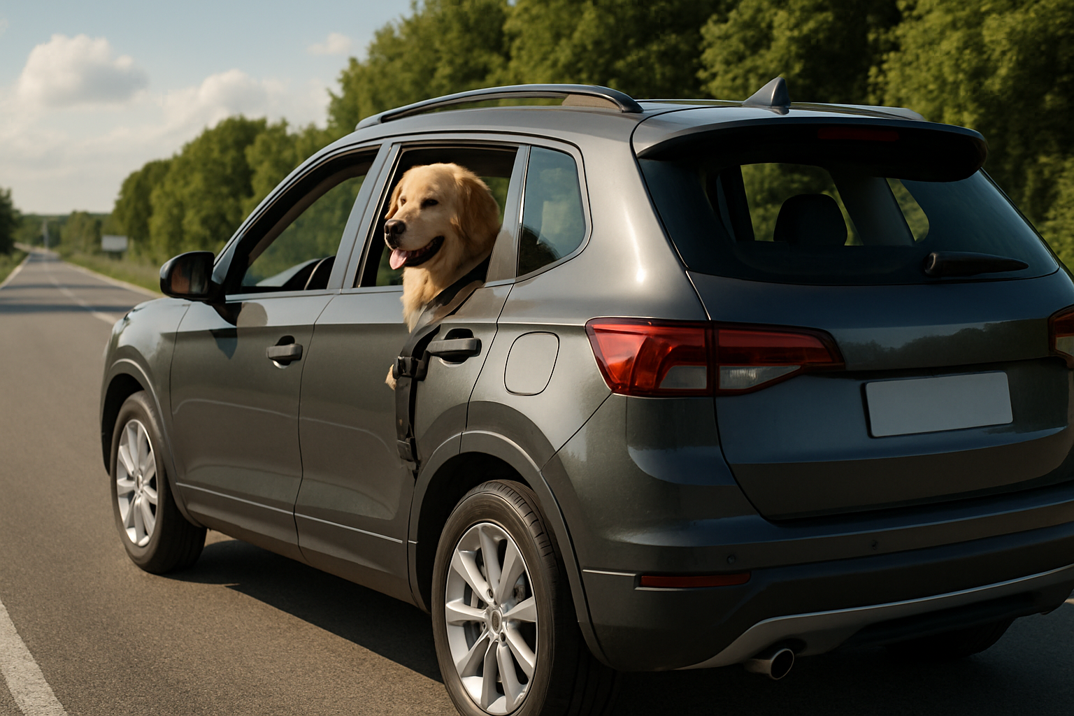 A golden retriever with its head out of the rear window of a grey SUV on a sunny road lined with green trees