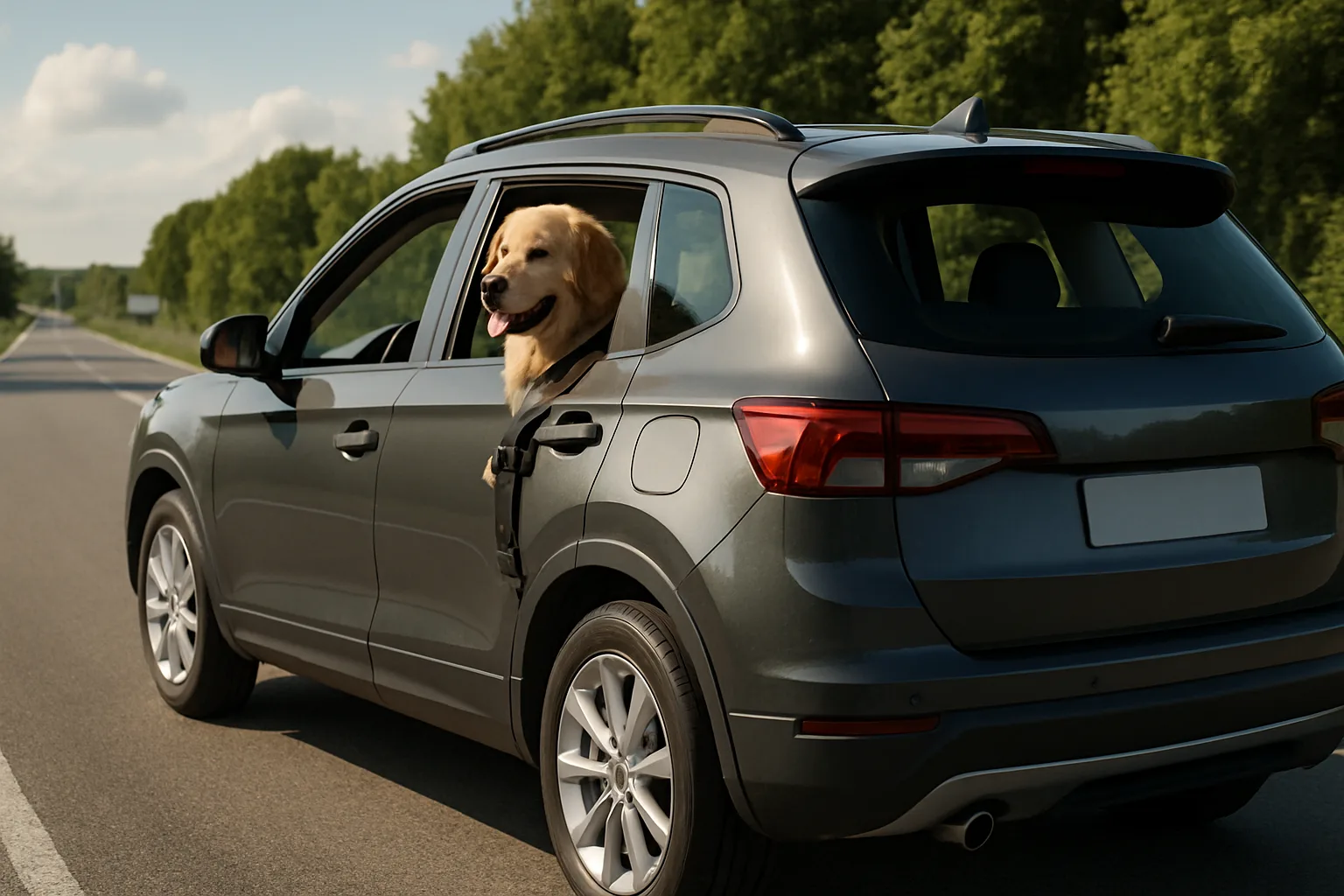 A golden retriever with its head out of the rear window of a grey SUV on a sunny road lined with green trees