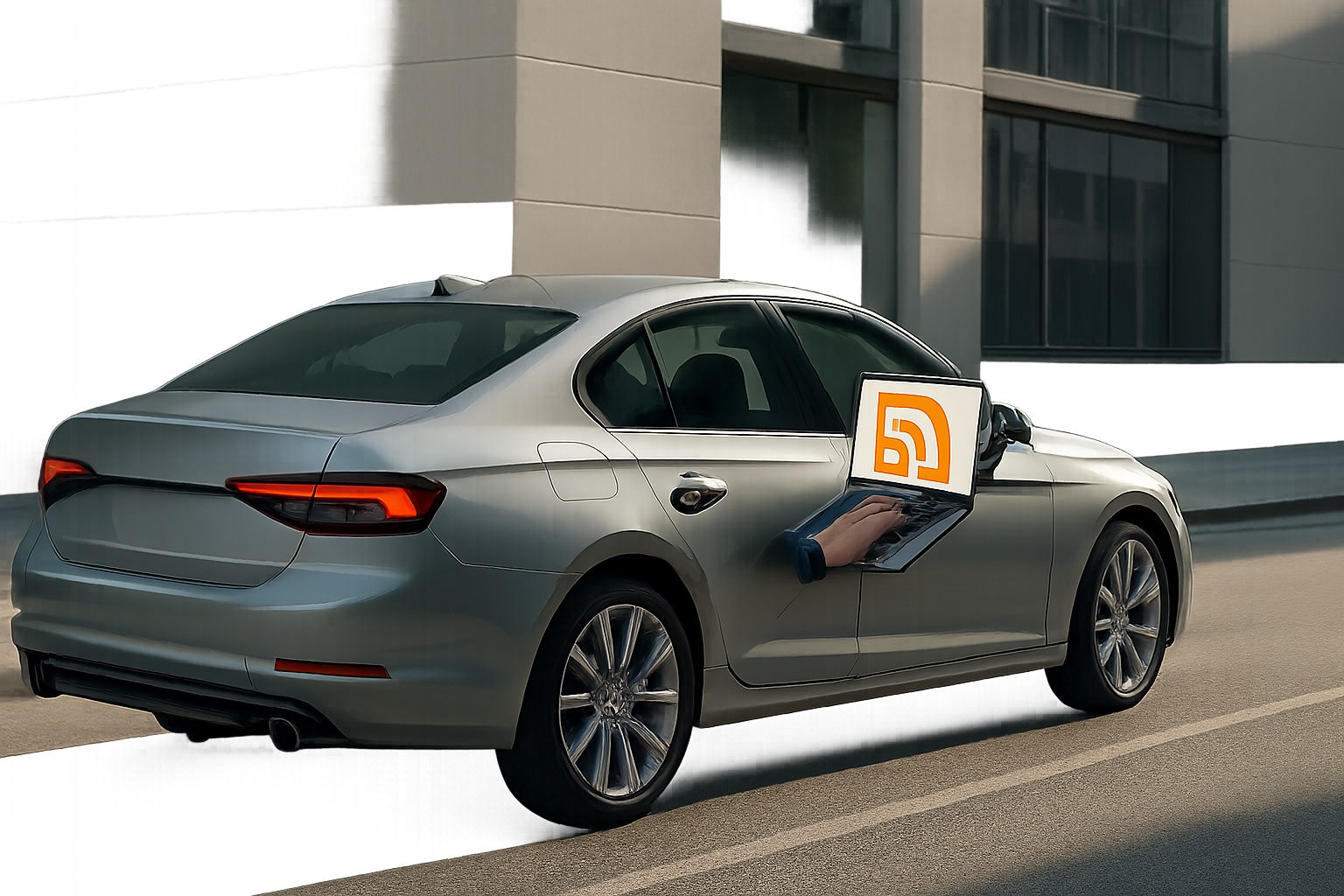 A metallic grey car parked by a modern building with a large orange RSS icon emerging from its window