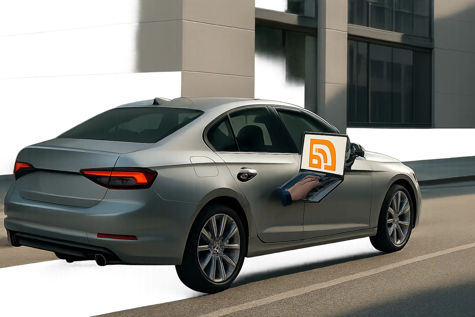 A metallic grey car parked by a modern building with a large orange RSS icon emerging from its window
