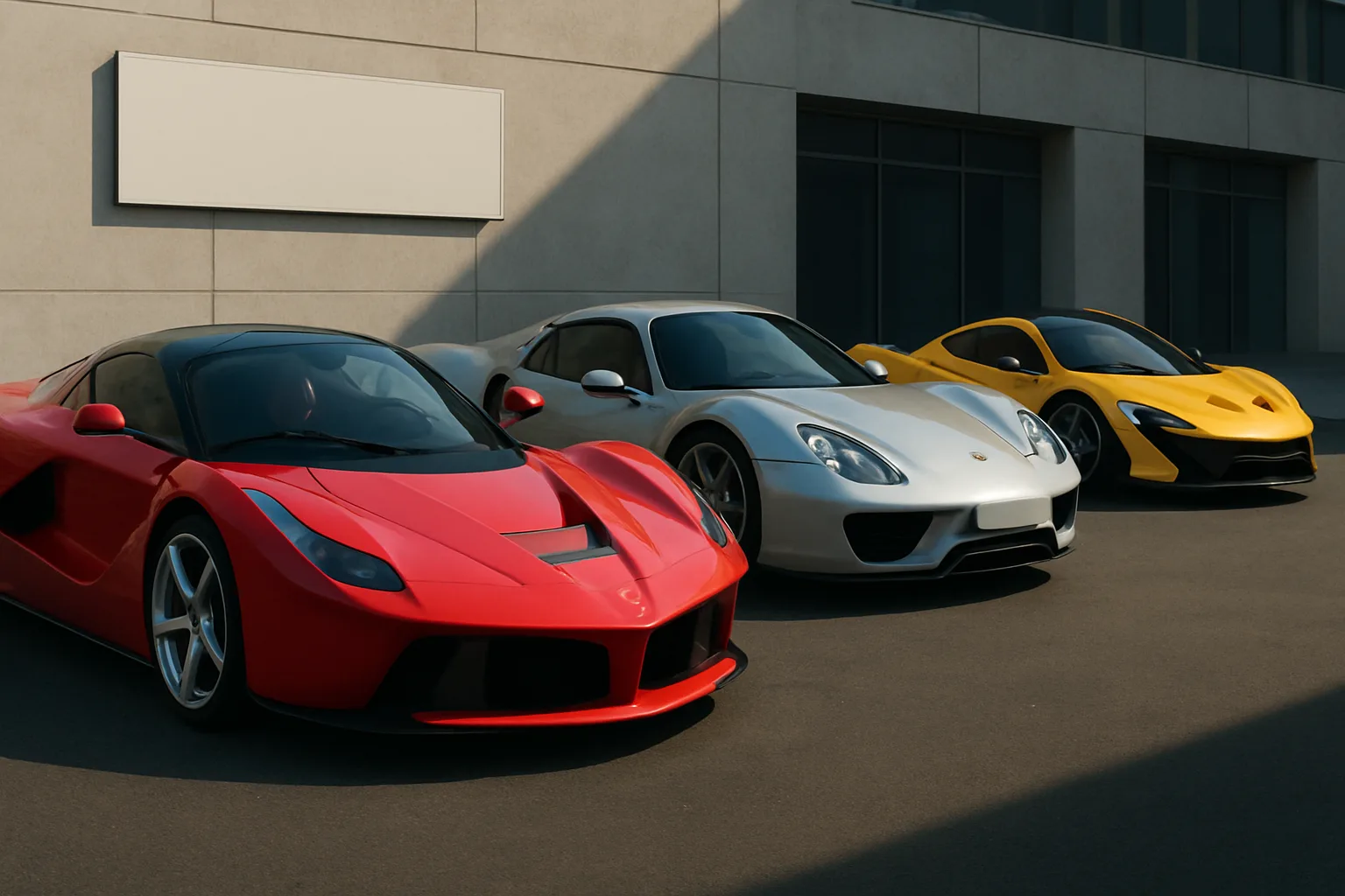 Three low, aerodynamic sports cars in red, silver and yellow parked side by side on sunlit tarmac against a modern building