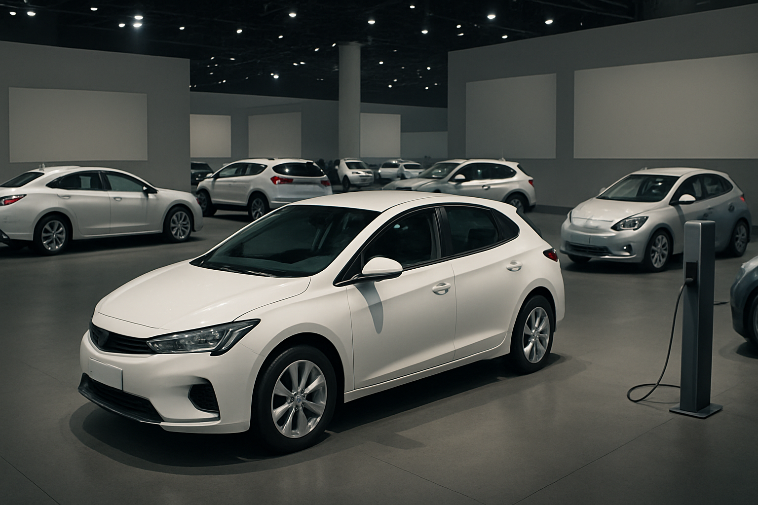 Several sleek white cars are displayed under soft spotlights in a spacious indoor showroom, one at a charging station