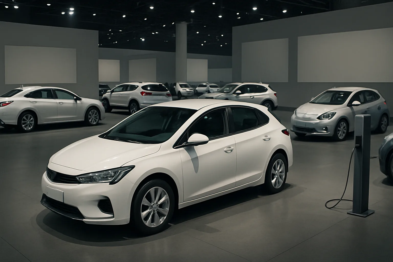 Several sleek white cars are displayed under soft spotlights in a spacious indoor showroom, one at a charging station