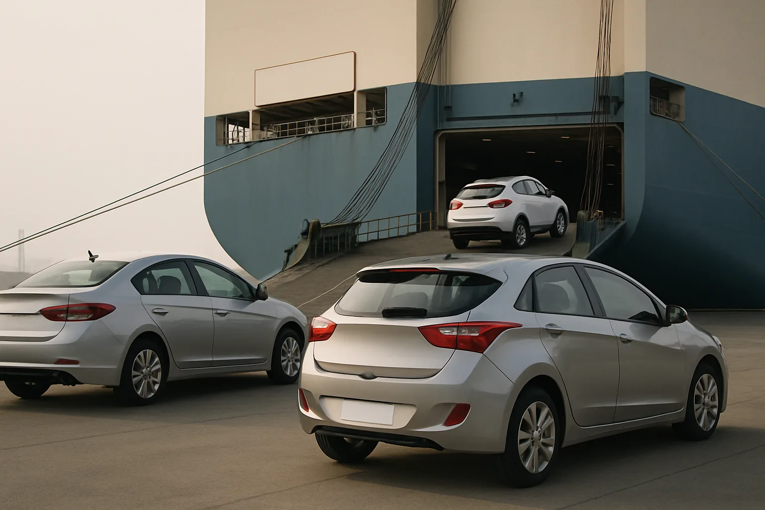 Three silver hatchbacks parked beside a large cargo ship, with one car driving up a ramp into the vessel
