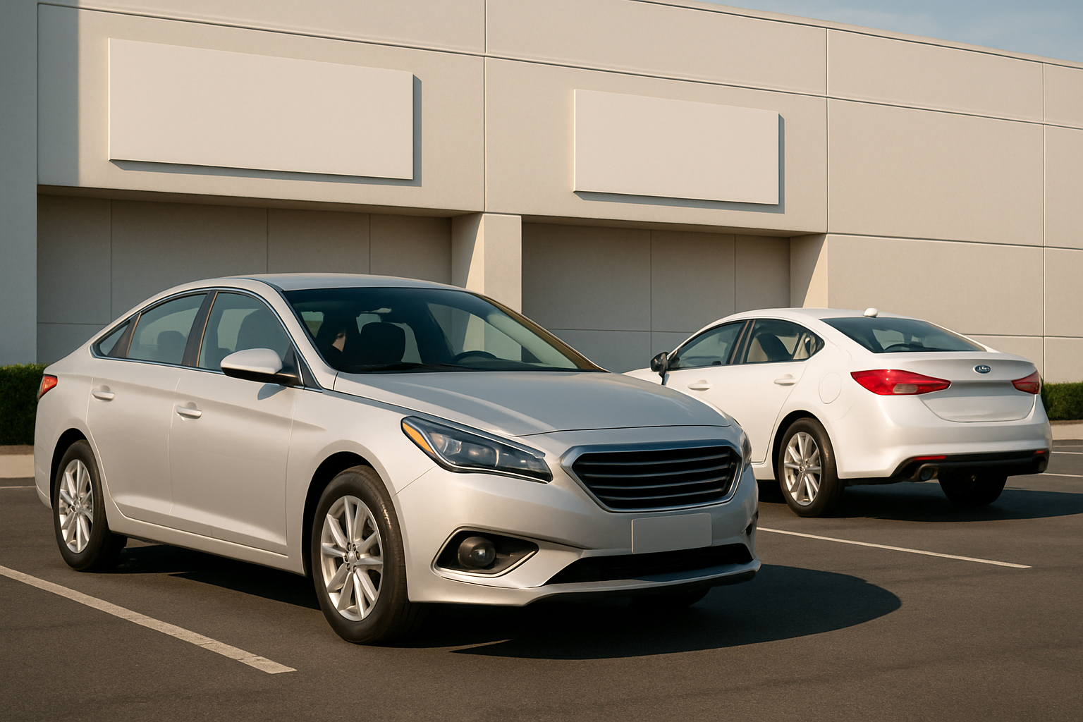 Two silver sedans parked in an empty sunlit lot before a plain beige building with blank rectangular signs