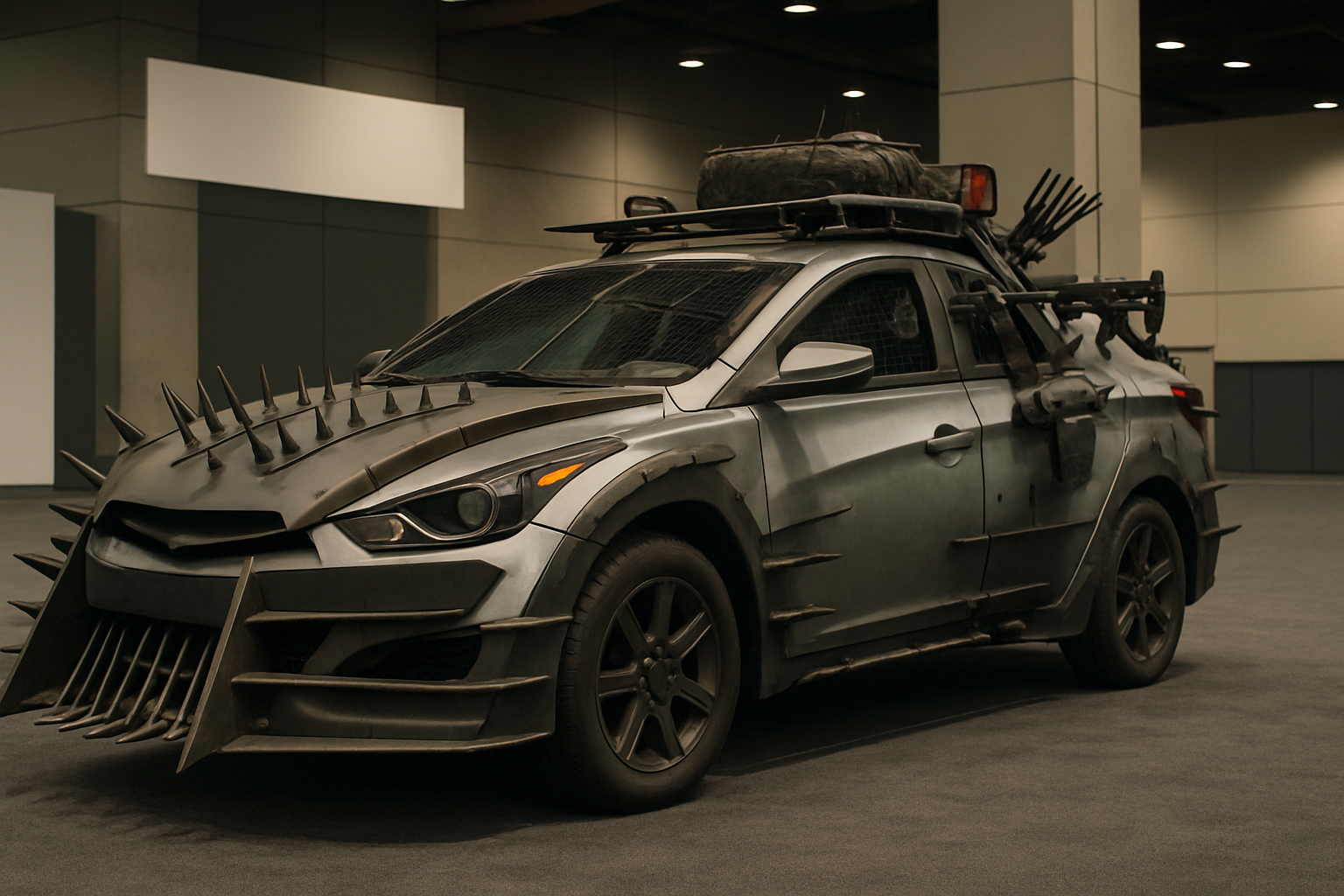 A matte grey armored car with spiked metal plating, black wheels and a roof rack sits indoors on a smooth grey floor