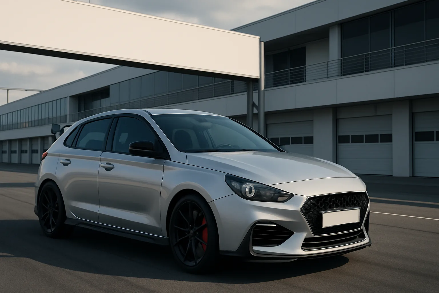 Sleek silver hatchback with black wheels and red brake calipers parked on a sunlit racetrack beside a modern pit building
