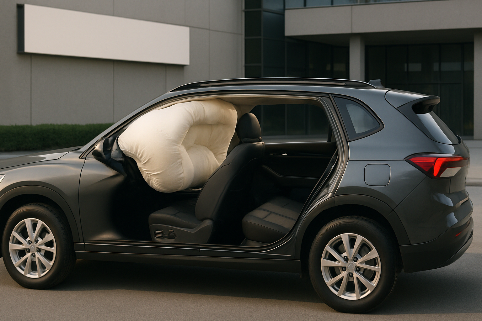 A large cream airbag inflates upwards from the roof of a dark grey SUV with open side doors in a modern urban setting