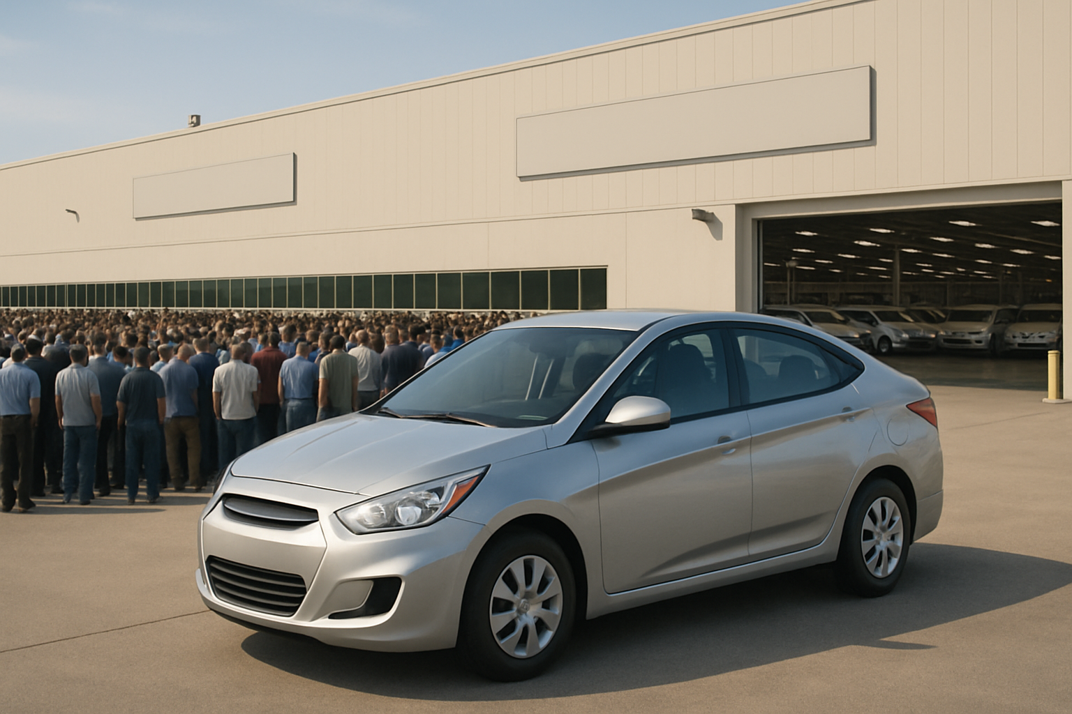 A silver sedan parked in front of a beige industrial building as a crowd of people gathers near large open doors