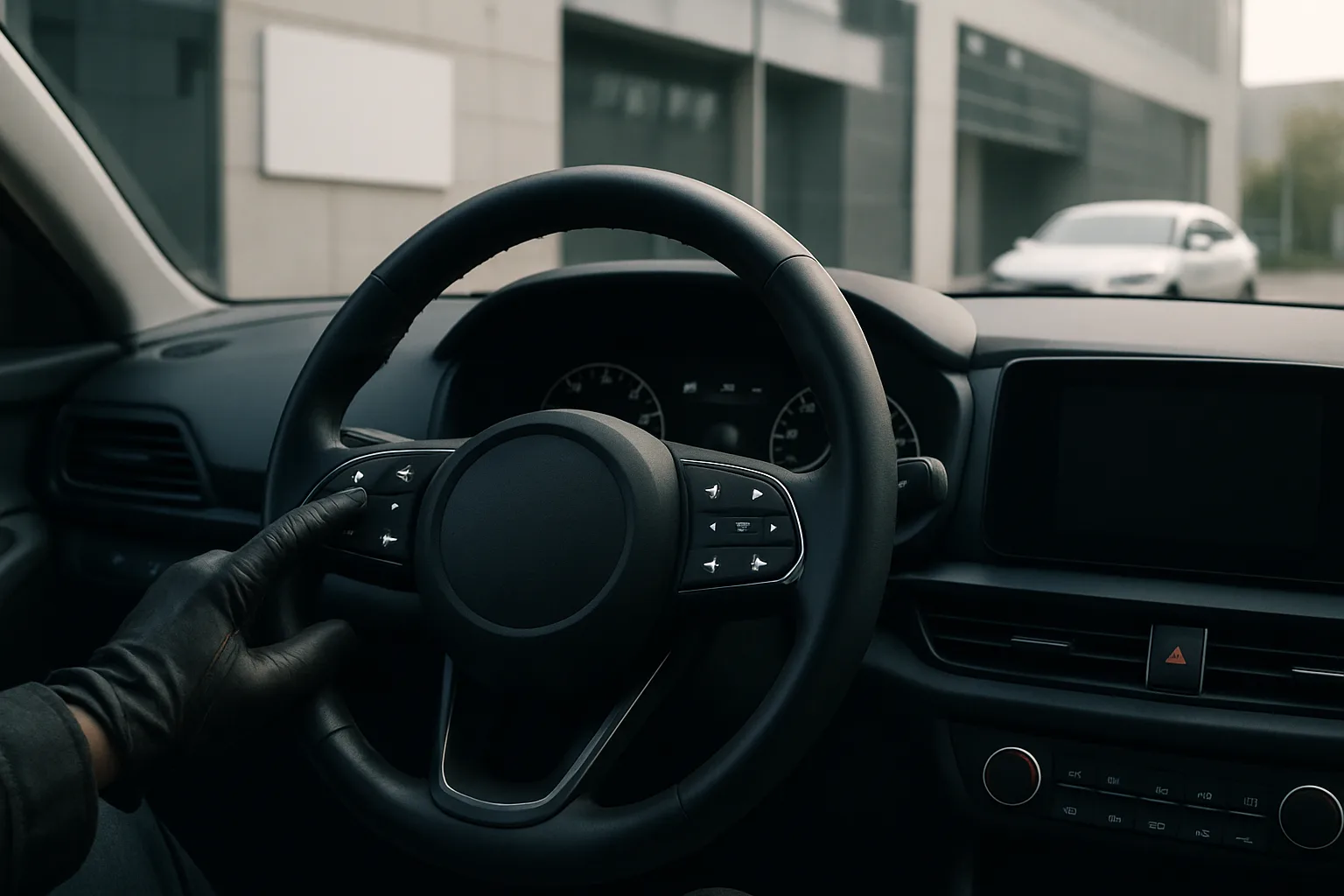 A gloved hand touches a black steering wheel with illuminated buttons inside a modern dark car interior