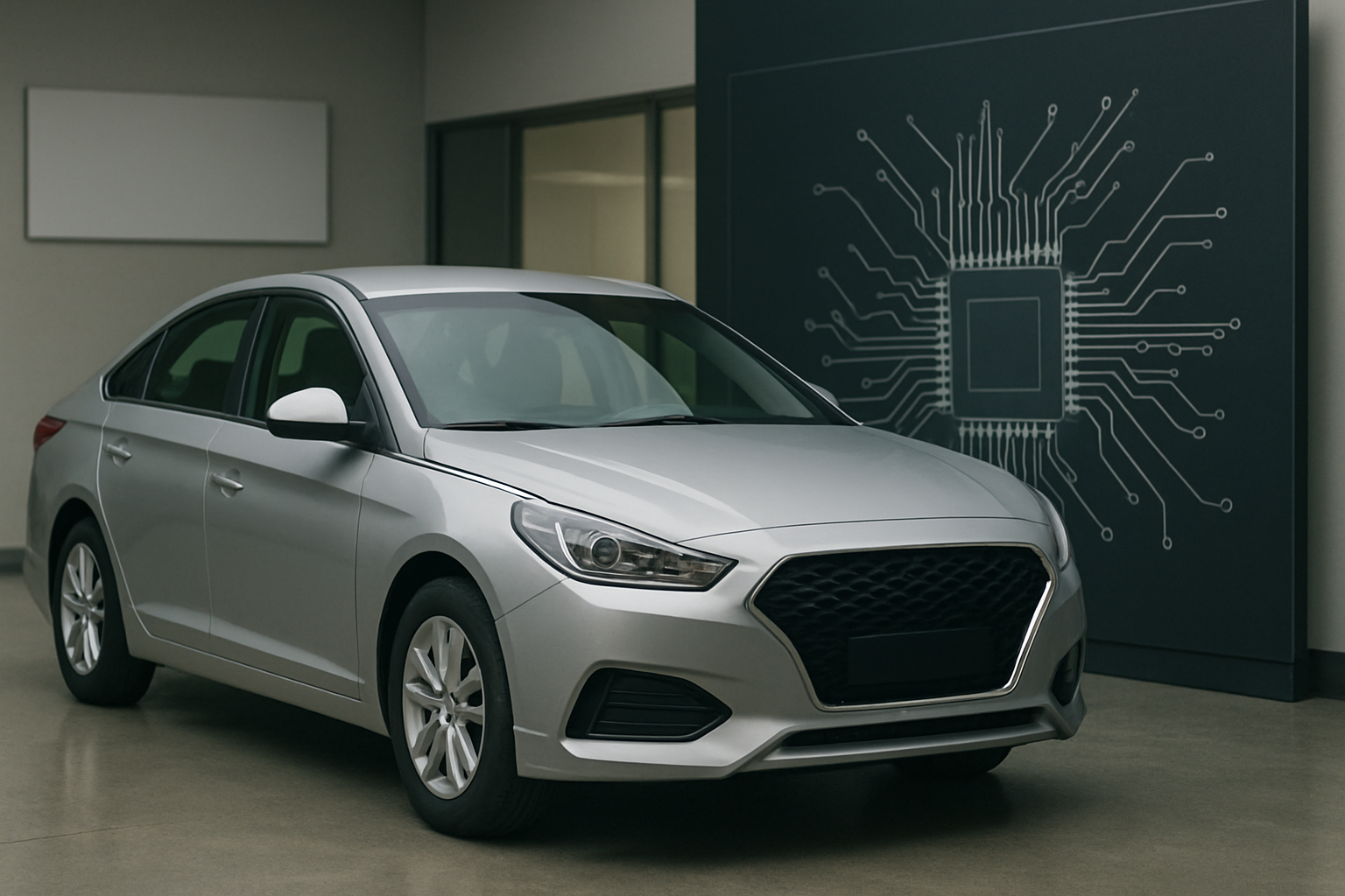 A silver sedan parked indoors beside a dark wall featuring a large schematic graphic of a microchip in white lines