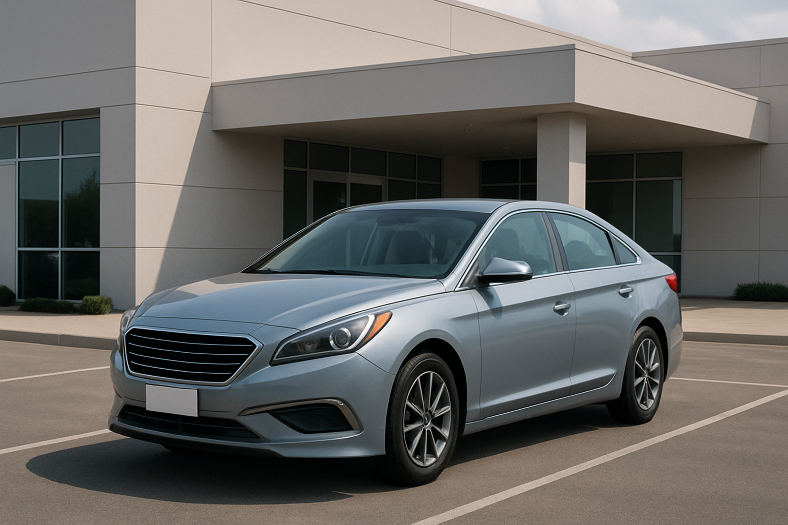 A silver four-door sedan parked in an empty lot outside a modern beige building with large windows and soft daylight