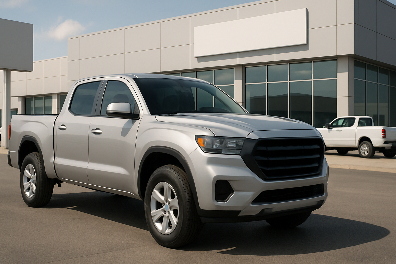 Silver pickup truck with dark grille parked on concrete in front of a modern, light gray car dealership building under blue sky