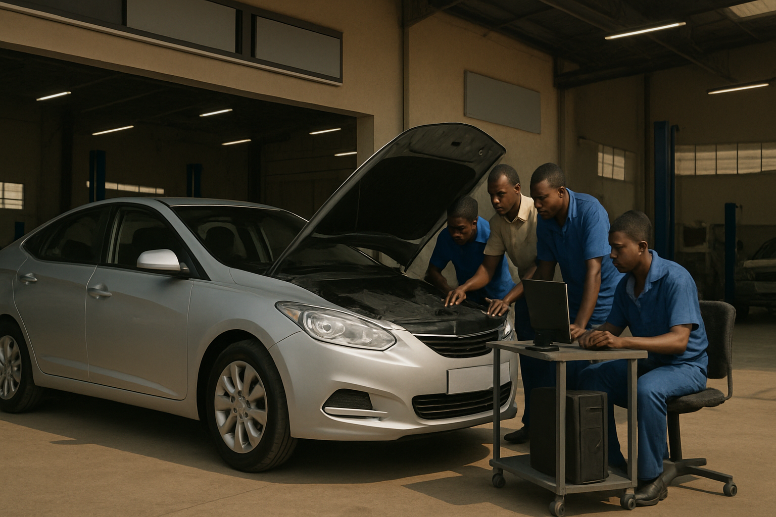 Four people in blue uniforms examine the engine of a silver car while another uses a laptop on a rolling desk nearby