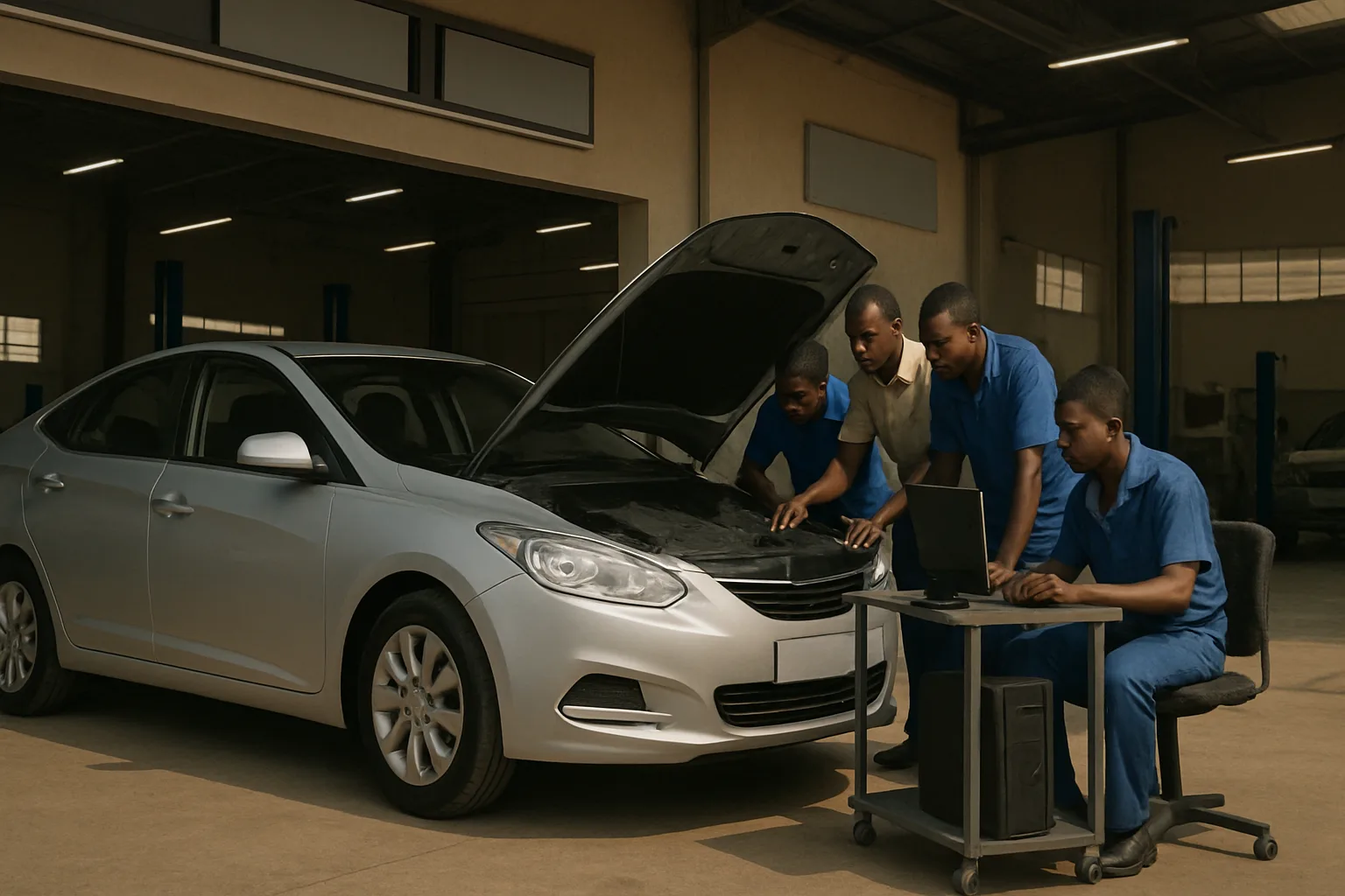Four people in blue uniforms examine the engine of a silver car while another uses a laptop on a rolling desk nearby