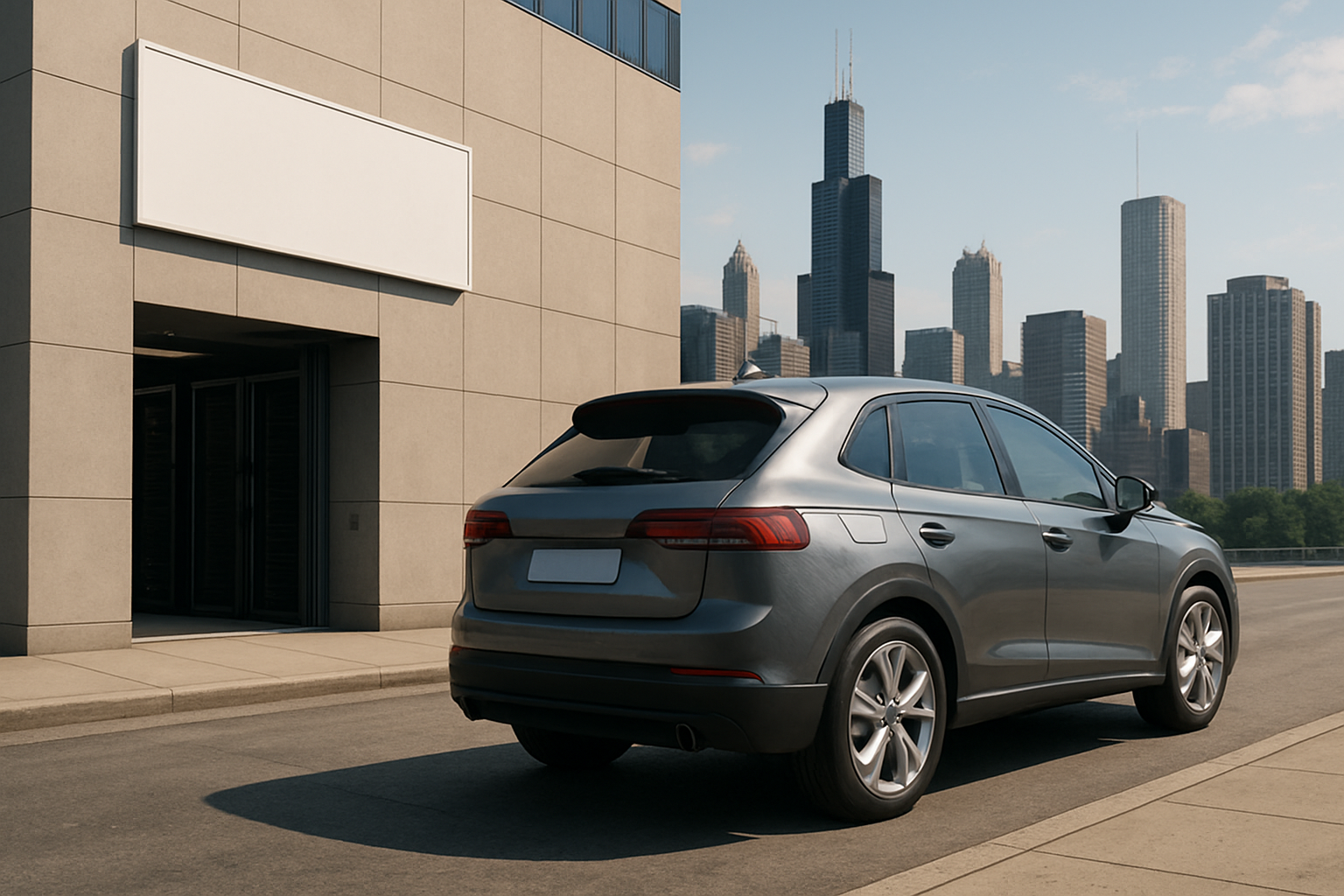 A silver-grey SUV parked on a sunny city street beside a modern building, Chicago skyline in the background