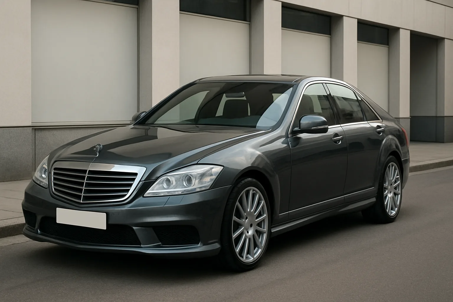 A sleek dark grey luxury sedan with large alloy wheels parked on a quiet urban street in soft daylight