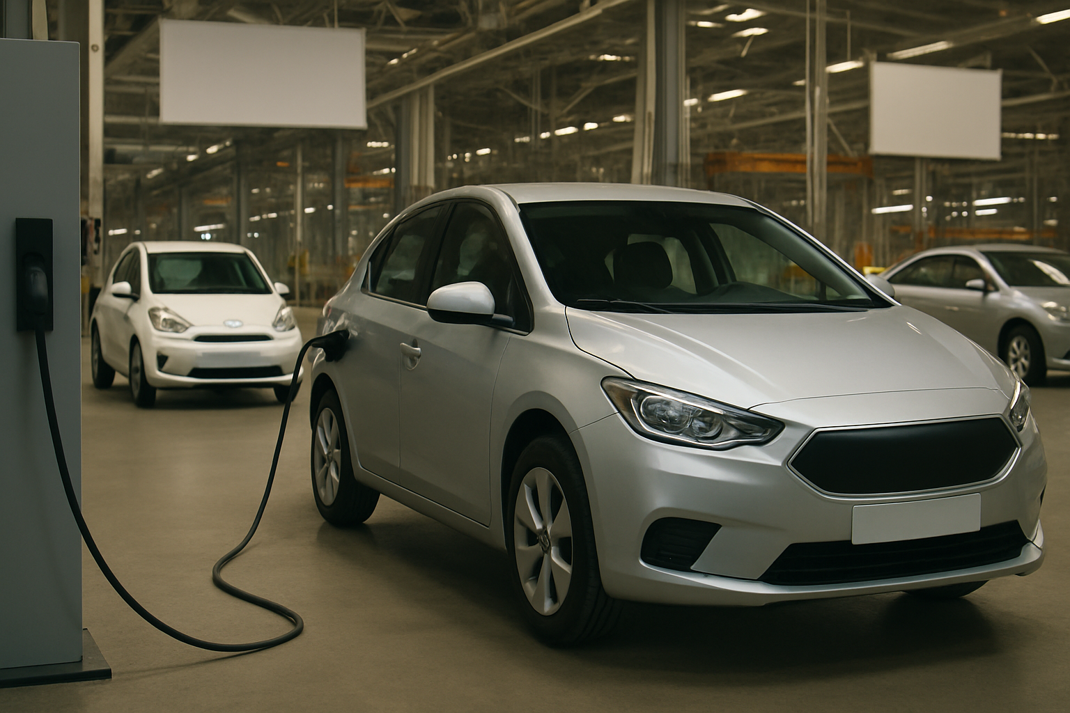 Silver car plugged into a charging station inside a spacious, well-lit industrial building with another car in the background