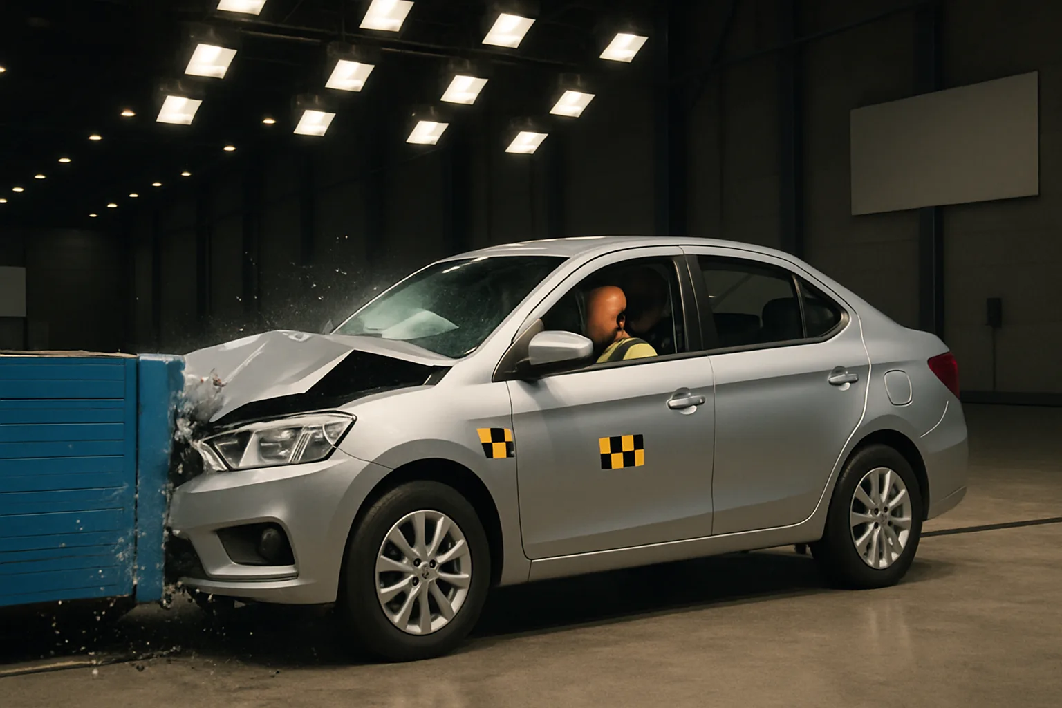 A silver car with a crash test dummy collides head-on with a blue barrier inside a brightly lit warehouse