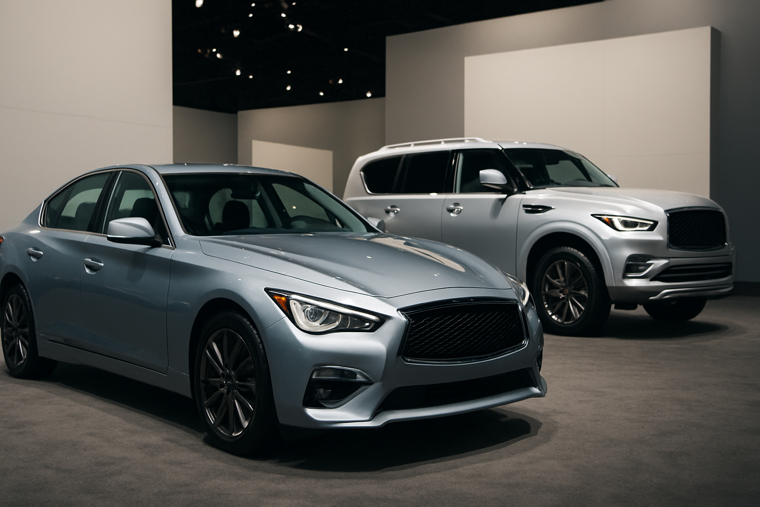 Two sleek silver cars with dark grilles and windows displayed indoors under soft, diffuse lighting