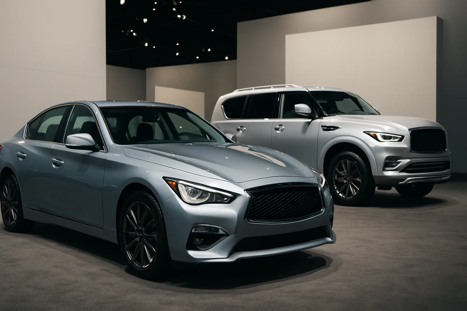 Two sleek silver cars with dark grilles and windows displayed indoors under soft, diffuse lighting