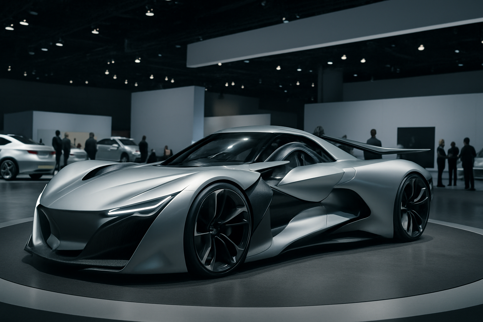 Futuristic silver concept car with sharp angles and flowing lines on display under spotlights in a modern showroom