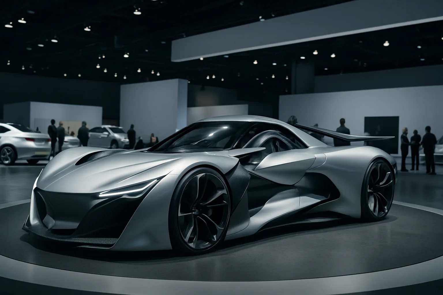 Futuristic silver concept car with sharp angles and flowing lines on display under spotlights in a modern showroom