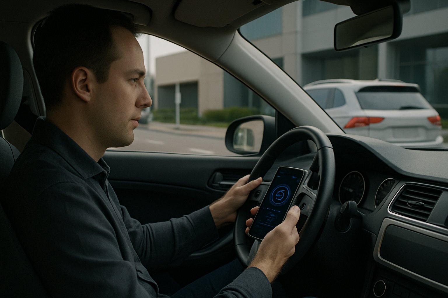 Man in business attire holding a smartphone with a digital dashboard while driving a neutral-toned car in daylight
