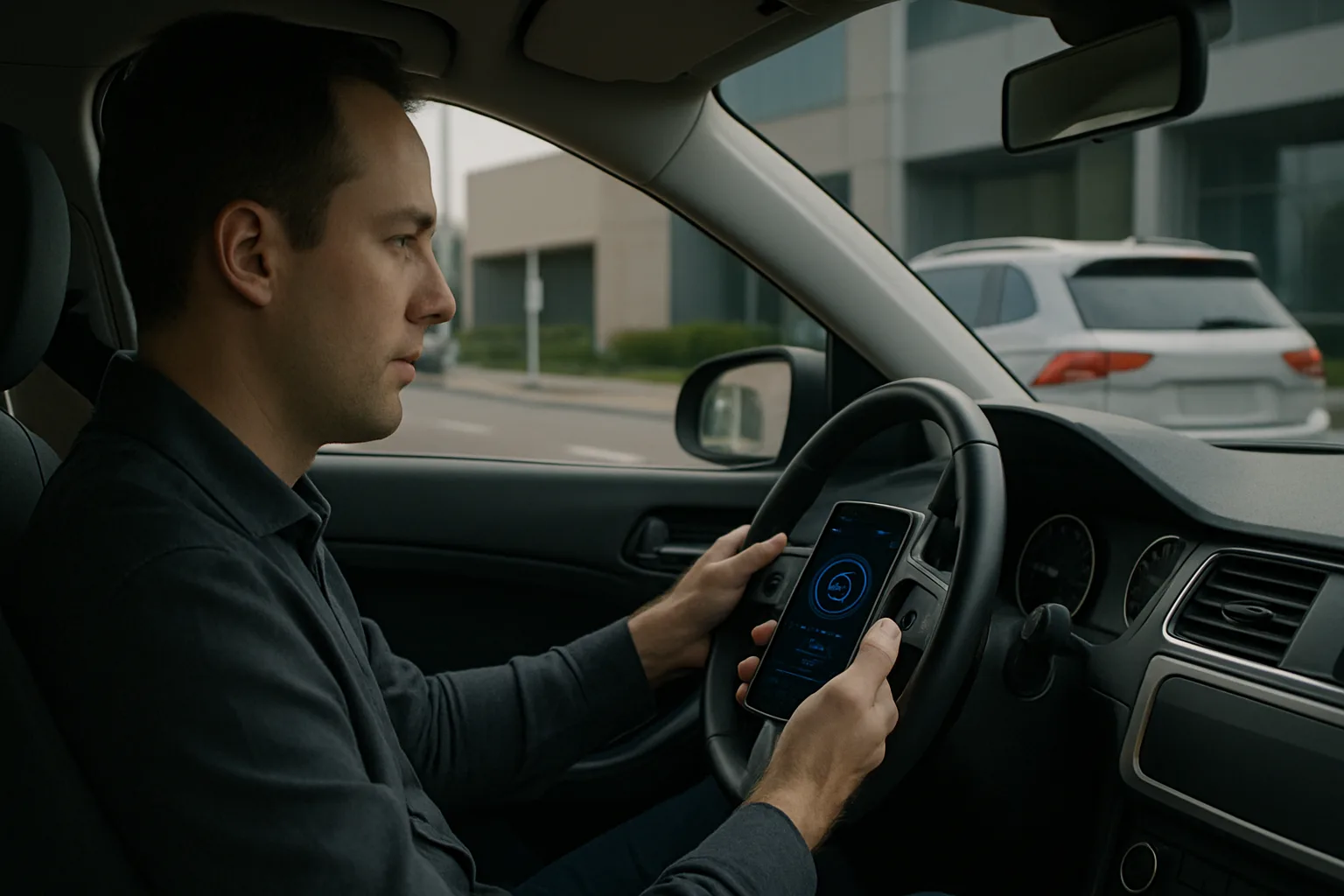 Man in business attire holding a smartphone with a digital dashboard while driving a neutral-toned car in daylight