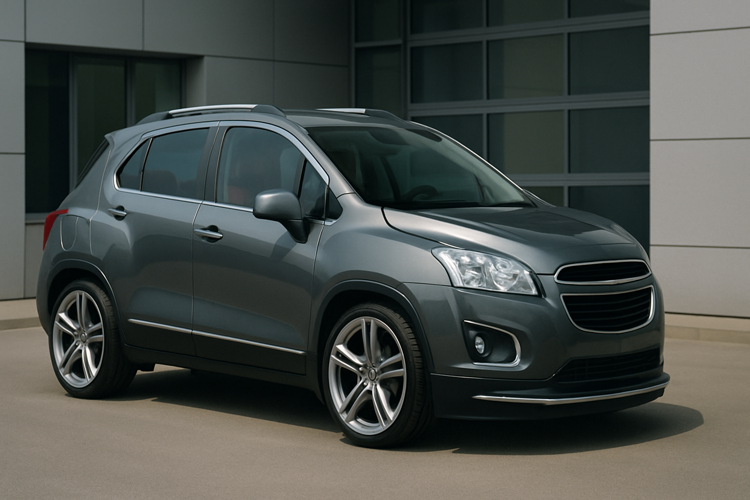 A sleek grey crossover car with tinted windows and bold alloy wheels parked in front of modern grey panelled buildings