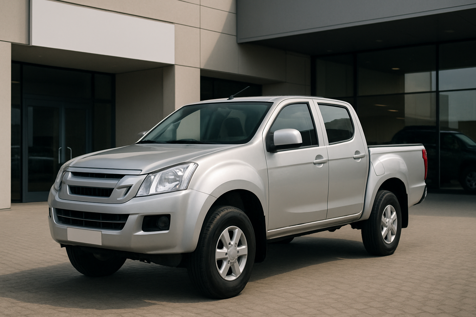 A silver pickup truck with four doors parked on beige paving outside a modern building with glass doors and windows