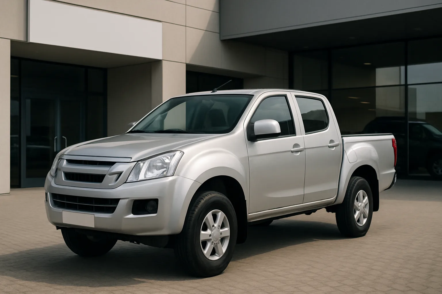 A silver pickup truck with four doors parked on beige paving outside a modern building with glass doors and windows