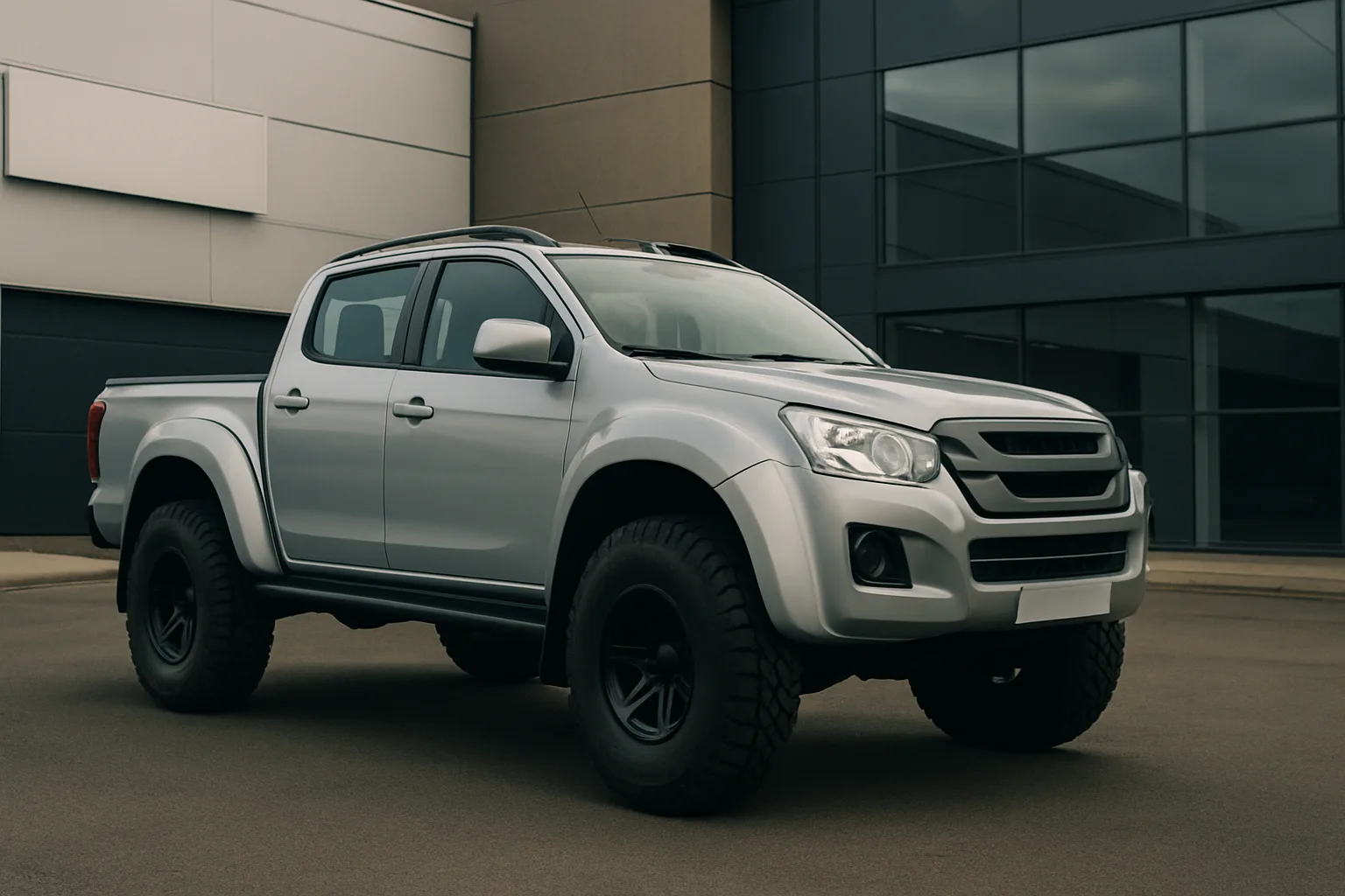Silver pickup truck with oversized black tyres and raised suspension parked on clean pavement by modern glass-fronted building