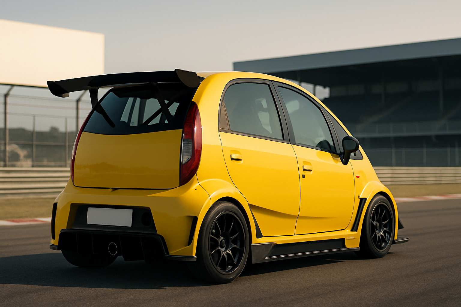 Small bright yellow hatchback with wide fenders, black wheels, large rear spoiler and tinted windows on a racetrack