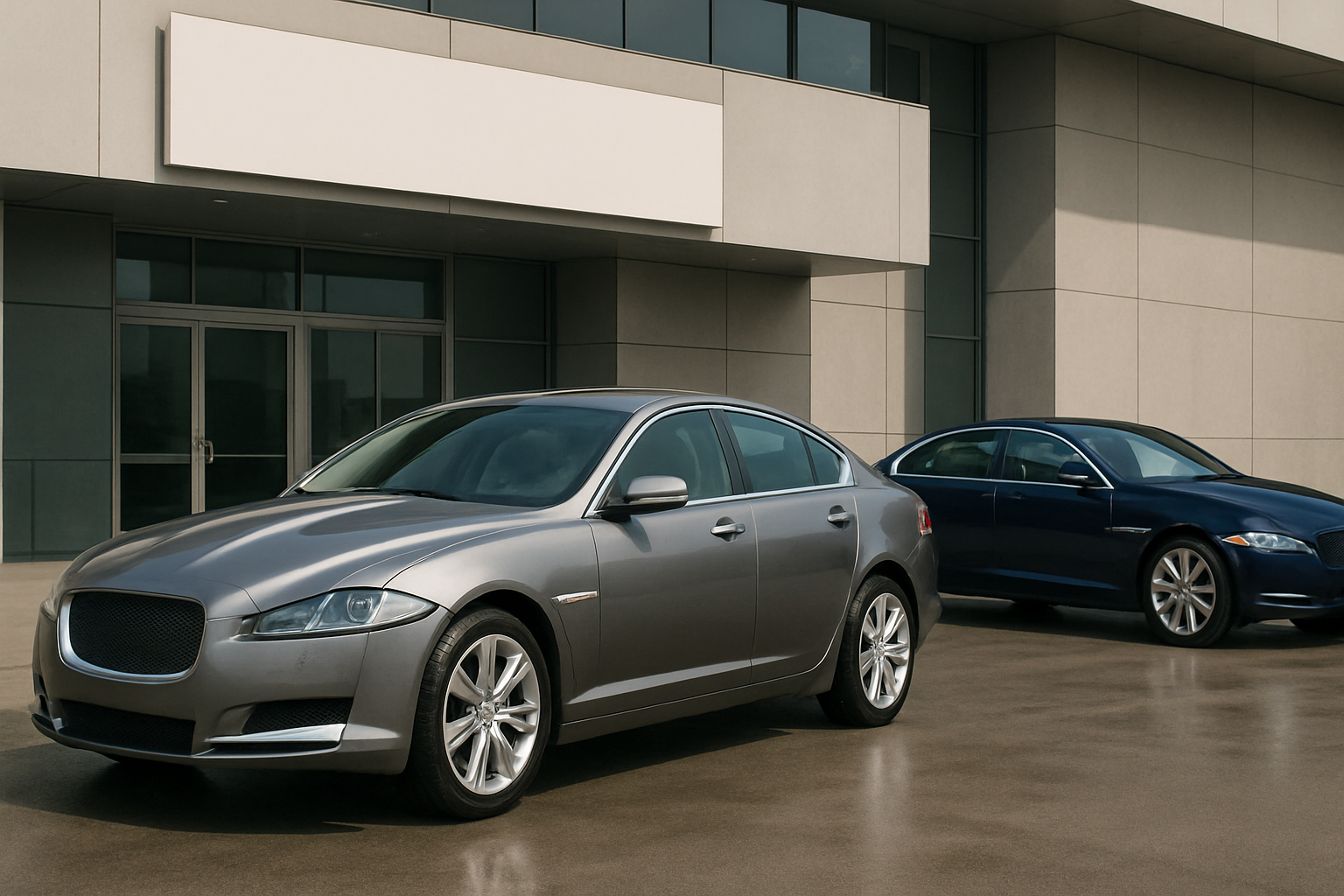 Two sleek silver and black saloon cars parked on wet concrete outside a modern grey building with large glass doors