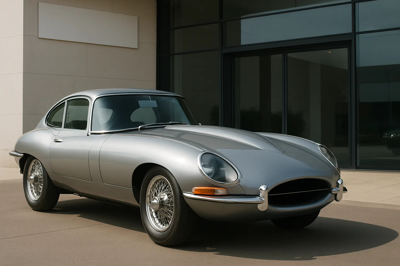 Sleek silver coupe with curved lines and chrome accents parked on smooth concrete by a modern glass building