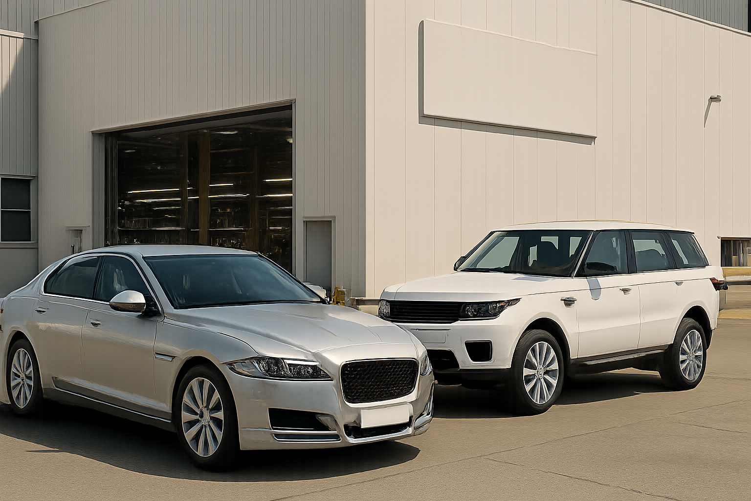 Two silver and white cars parked on sunlit concrete in front of a large beige industrial building with tall windows