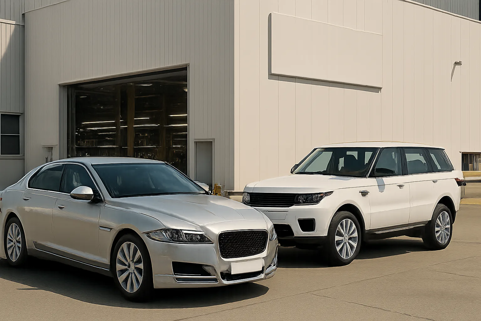 Two silver and white cars parked on sunlit concrete in front of a large beige industrial building with tall windows