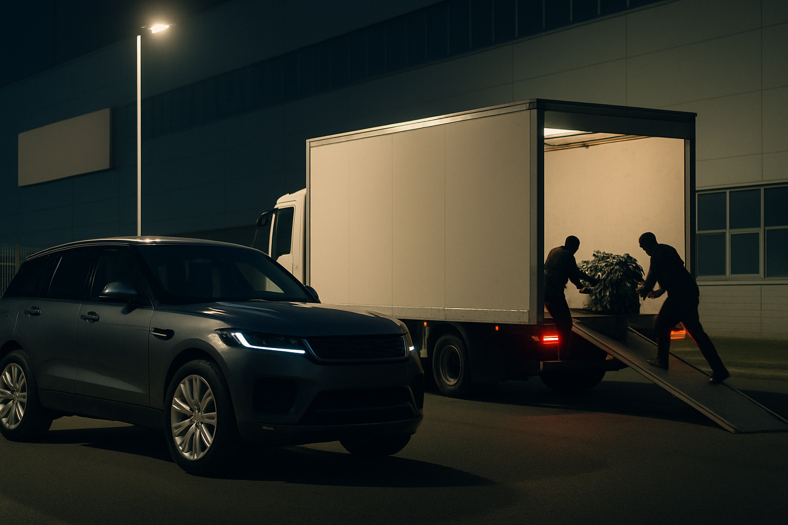 Two figures loading large crates into the back of a white box truck at night beside a dark SUV under streetlights