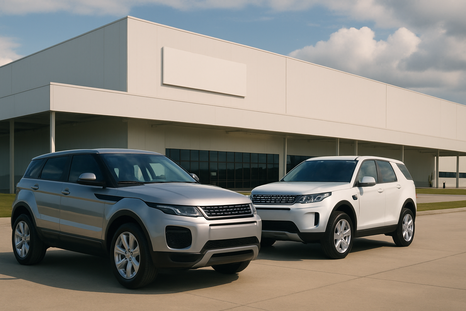 Two sleek silver and white SUVs parked side by side on sunlit concrete in front of a modern white industrial building