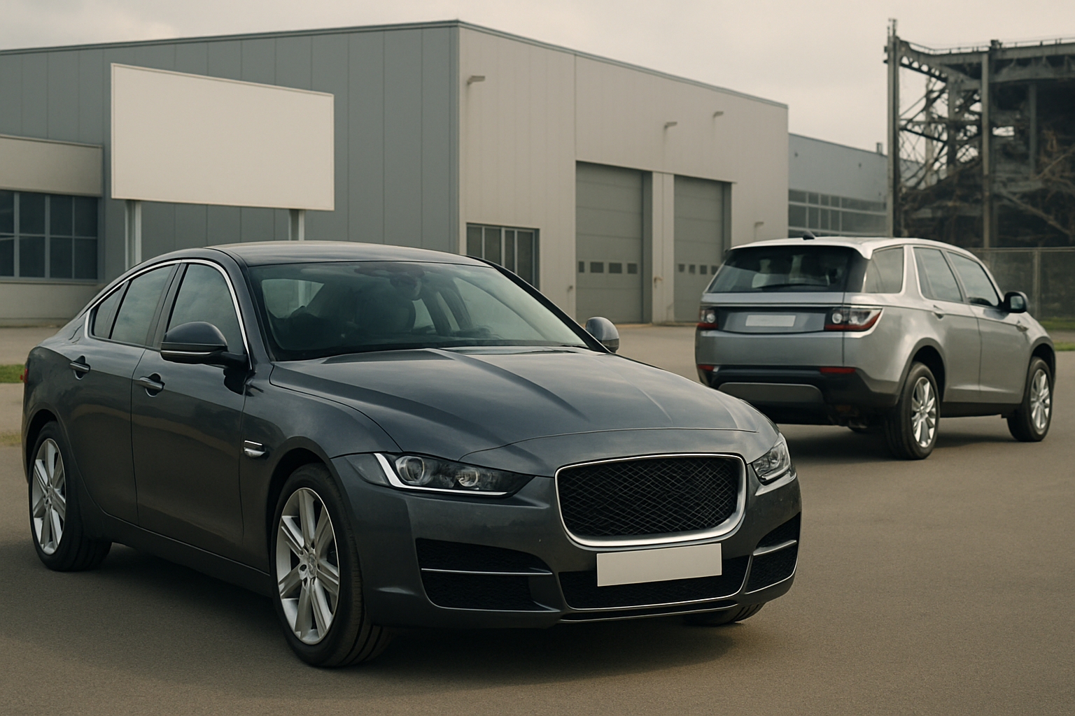 Two grey cars parked on asphalt in front of a modern industrial building under overcast skies