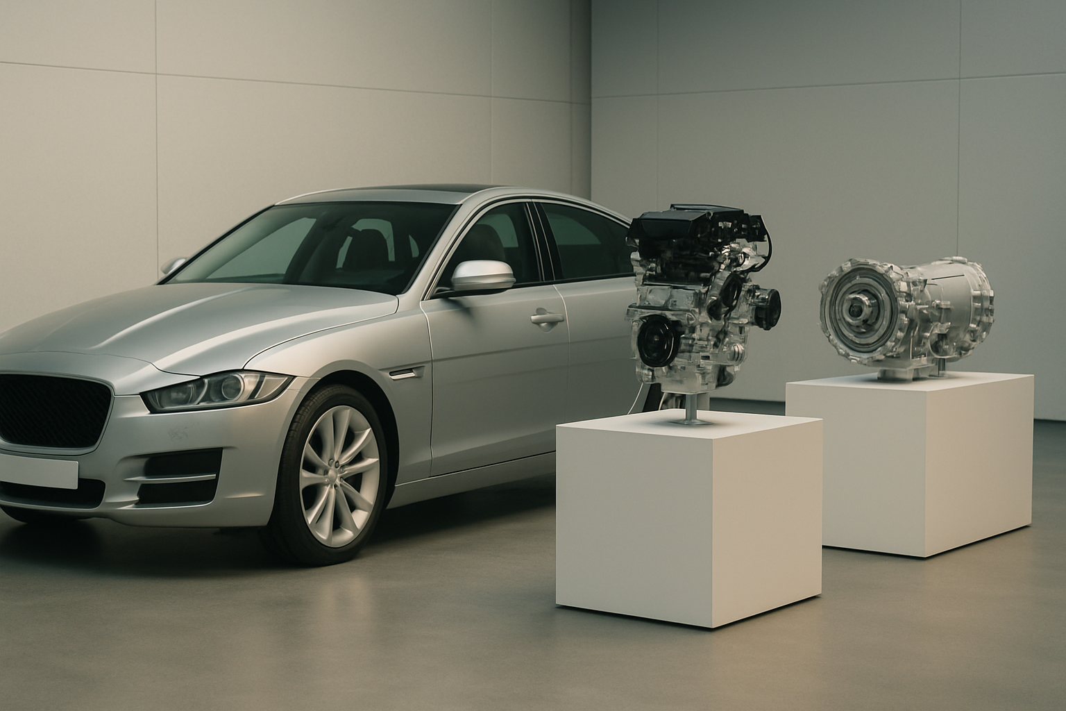 A silver car beside two metal engine components displayed on white plinths in a modern, softly lit room