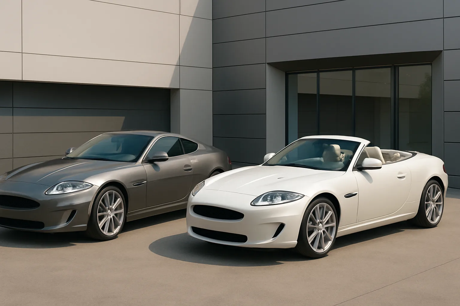 Two sleek sports cars, one silver coupé and one white convertible, parked side by side on a clean concrete driveway