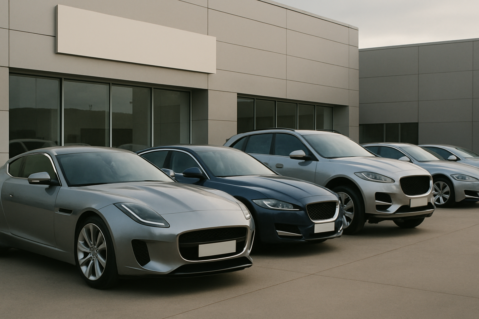 Four silver and grey cars with smooth, modern shapes are parked side by side in front of a minimalist building in soft daylight